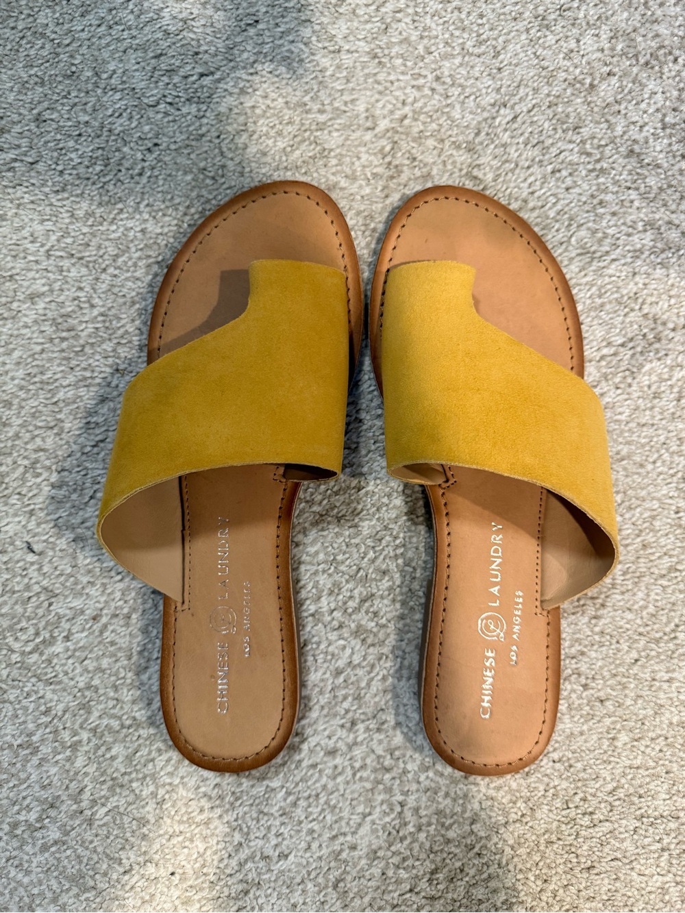 Chinese Laundry Mustard Suede Asymmetric Slide Sandals